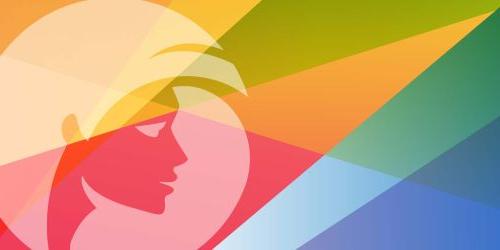 Abstract illustration in a rainbow of colors featuring a woman's silhouette on the right side